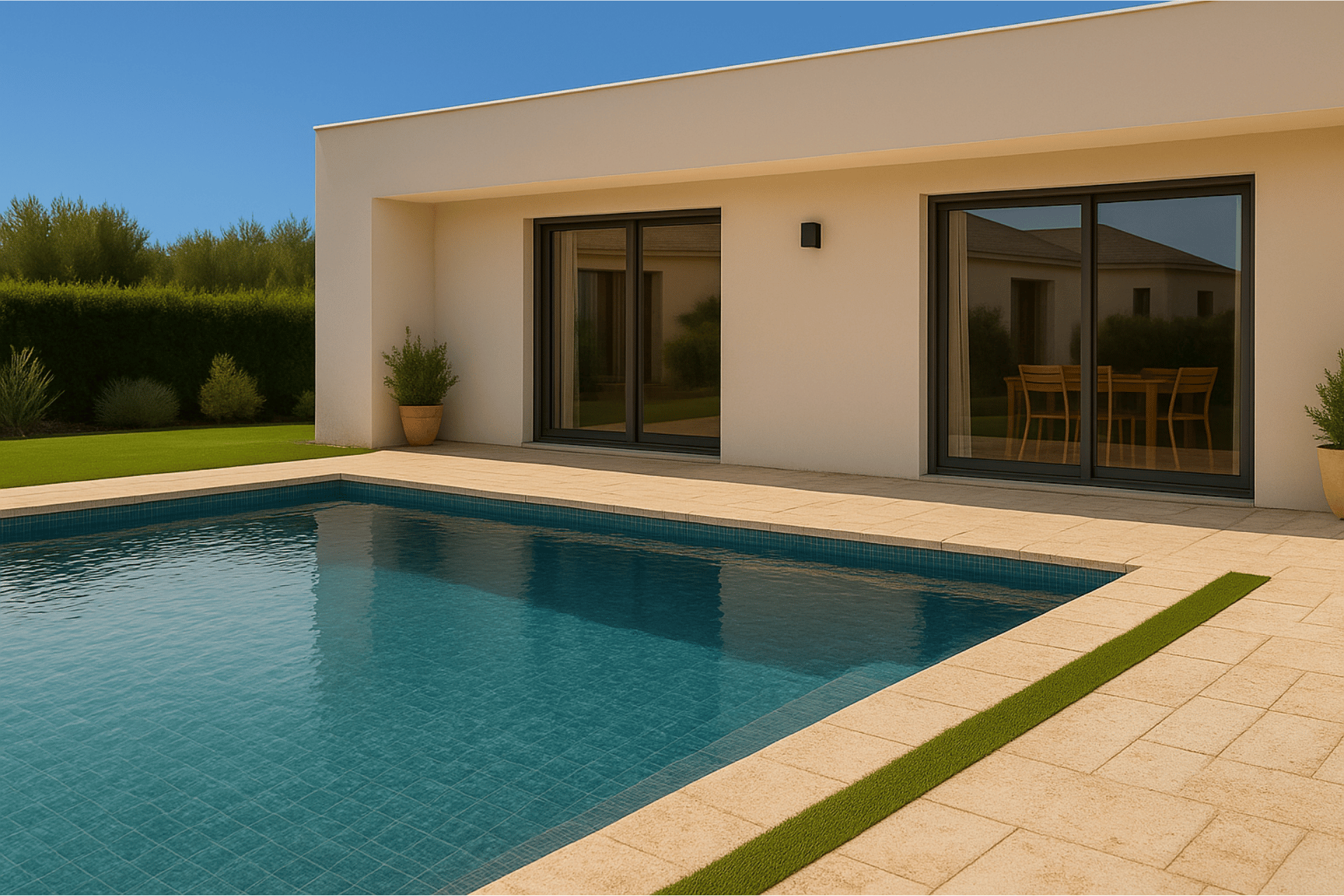 Carrelage piscine mosaïque bleue bassin moderne margelle travertin - La maison de martin