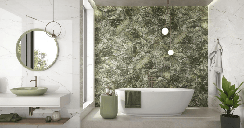 carrelage effet marbre et déco jungle salle de bain - la maison de Martin