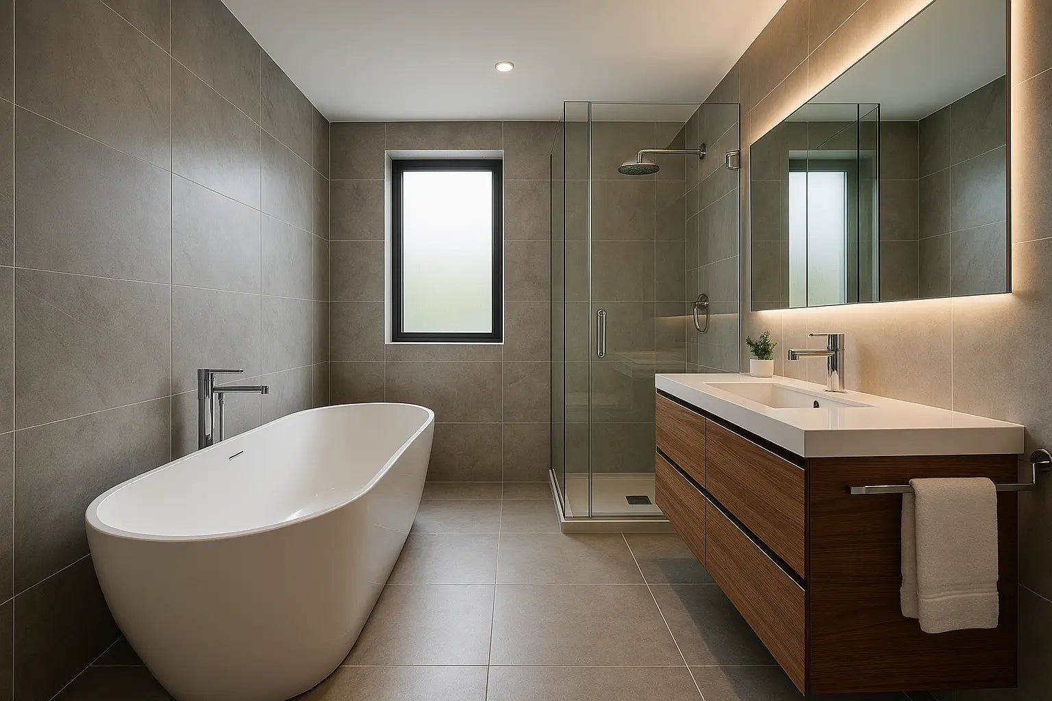 salle de bain Meuble suspendu bois baignoire ilot blanche, douche et carrelage moderne - La maison de Martin