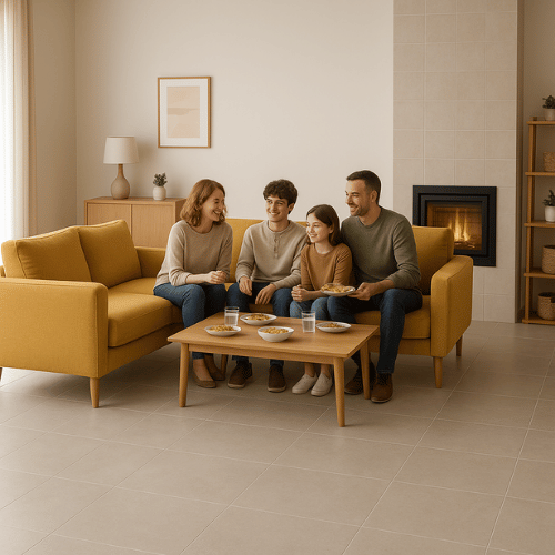 Salon contemporain sol grès cérame moderne lumineux -La maison de Martin