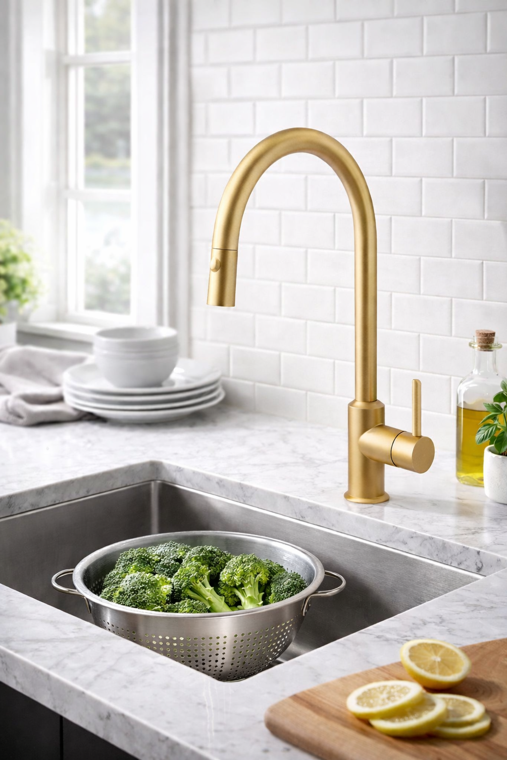 MITIGEUR CUISINE EVIER SUBLIME BEC HAUT AERATEUR AMOVIBLE OR BROSSEE