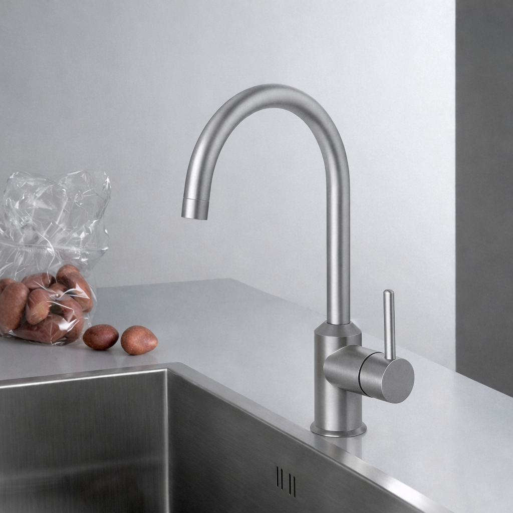 MITIGEUR CUISINE EVIER PRESTIGE BEC HAUT METAL BROSSEE