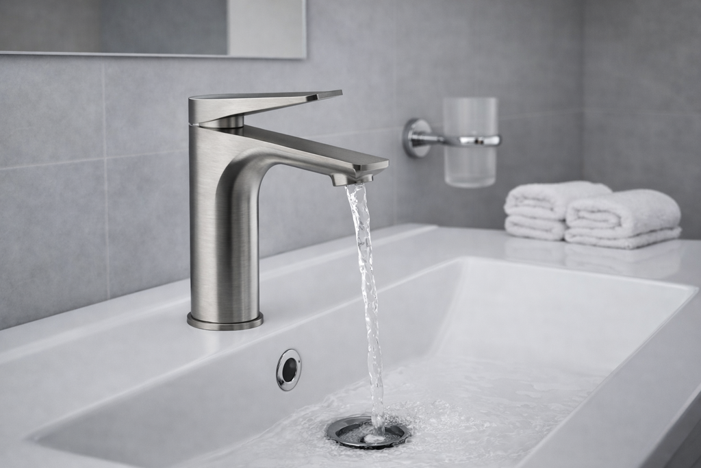 AXIS MITIGEUR LAVABO MI-HAUT AVEC VIDAGE PUSH OPENMETAL BROSSE