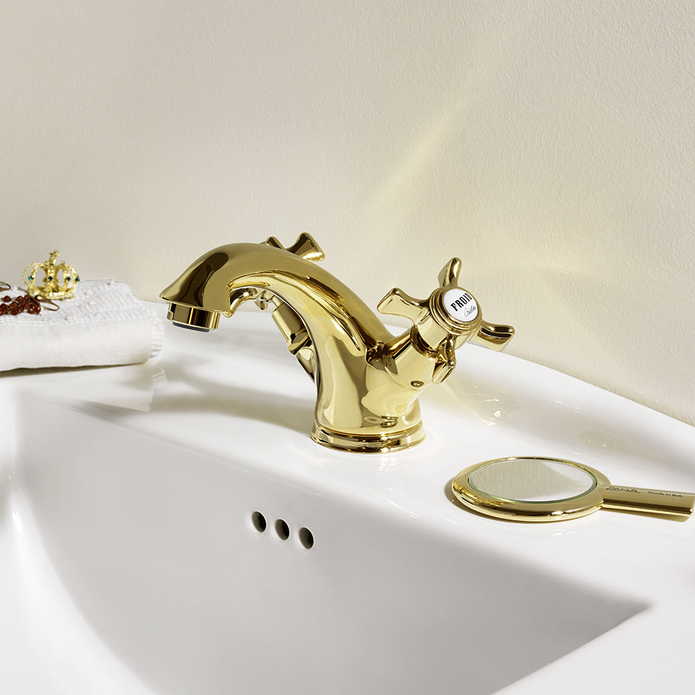 HERITAGE MELANGEUR LAVABO 3 TROUS BEC COULÉ DORE PVD