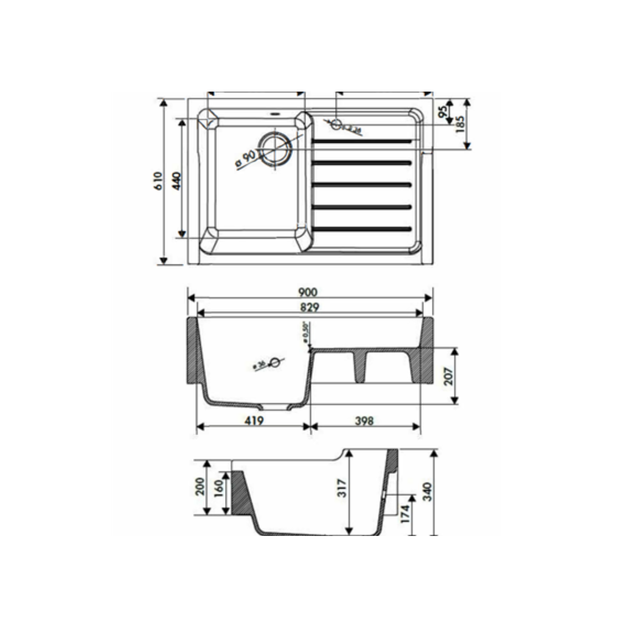 EVIER TIMBRE D'OFFICE CERAMIQUE NAPOLEON 900X610 BLANC