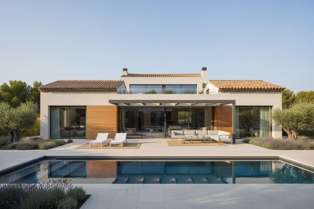 belle maison contemporaine avec toit terrasse et toit avec tuiles terrasse et piscine 