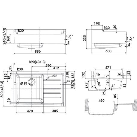 EVIER TIMBRE D'OFFICE CERAMIQUE CHARLES 900X610 BLANC