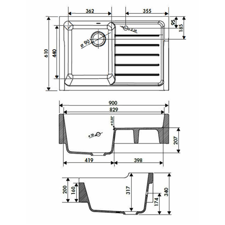 EVIER TIMBRE D'OFFICE CERAMIQUE NAPOLEON 900X610 BLANC