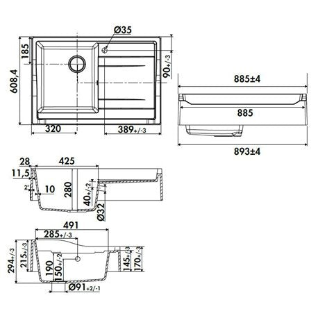 EVIER TIMBRE D'OFFICE SYNTHESE QUARTZ NEW-SIROKA 900X610 BLANC