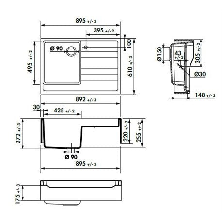 EVIER TIMBRE D'OFFICE SYNTHESE QUARTZ SIROKA 900X610 GRIS